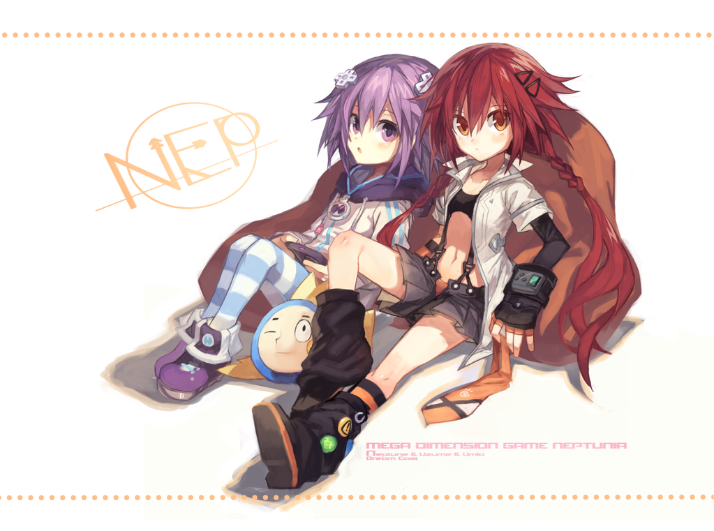 blush bra fish hair_ornament kokaki_mumose long_hair multiple_girls neptune_(choujigen_game_neptune) neptune_(series) one_eye_closed purple_eyes purple_hair red_hair shin_jigen_game_neptune_vii sitting skirt source_request striped striped_legwear tennouboshi_uzume twintails umio_(choujigen_game_neptune) underwear