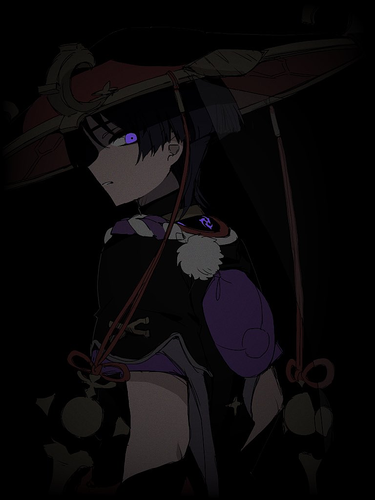 1boy armor arms_at_sides birthmark black_bodysuit black_hair black_hat black_kimono black_sleeves blunt_ends bodysuit constricted_pupils electro_symbol_(genshin_impact) from_side furisode genshin_impact glowing_markings gold grey_sleeves hat japanese_armor japanese_clothes jewelry jingasa juban kimono kote kurokote layered_sleeves looking_at_viewer looking_back male_focus mitsudomoe_(shape) mxxu_box neck_ring parted_lips pom_pom_(clothes) purple_bag purple_eyes purple_rope purple_sleeves red_hat red_kimono rope scaramouche_(genshin_impact) see-through_clothes see-through_veil shimenawa short_sleeves solo tomoe_(symbol) turtleneck turtleneck_bodysuit upper_body veil white_kimono white_mouth white_rope