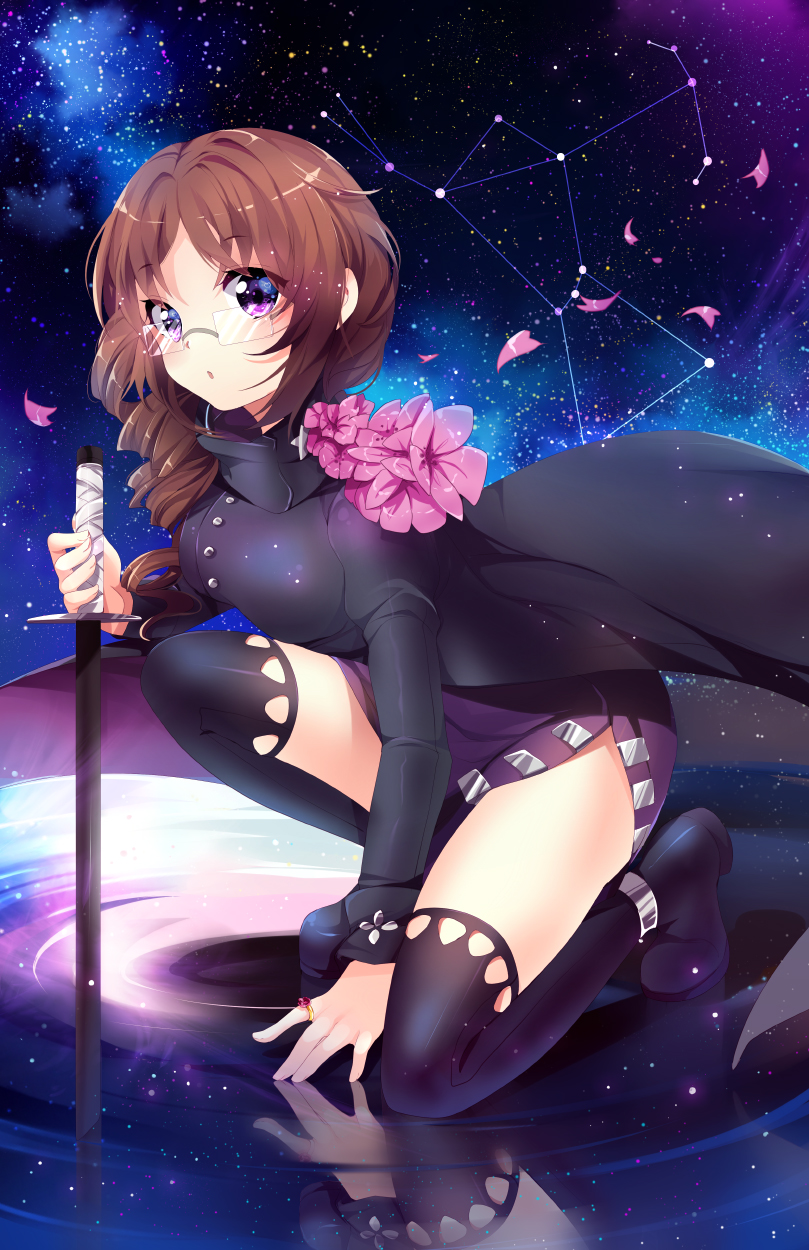 :o black_cape black_legwear brown_hair cape constellation flower full_body gaia_online glasses heart highres jewelry parted_lips petals pink_eyes purple_skirt reflection ring short_hair side_slit skirt sky solo squchan star_(sky) starry_sky sword thighhighs weapon zettai_ryouiki