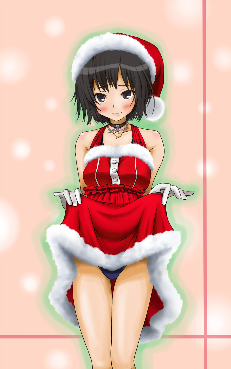 amagami bad_id bad_pixiv_id black_hair blush brown_eyes christmas dress gloves hat heart highres jewelry nanasaki_ai necklace peppe santa_costume santa_hat short_hair skirt skirt_lift solo swimsuit swimsuit_under_clothes thigh_gap white_gloves