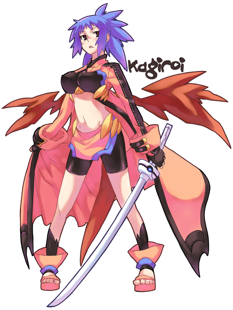 bike_shorts blue_hair blush breasts cape katana large_breasts original red_eyes rumie sandals solo spandex sword tail toes weapon wings