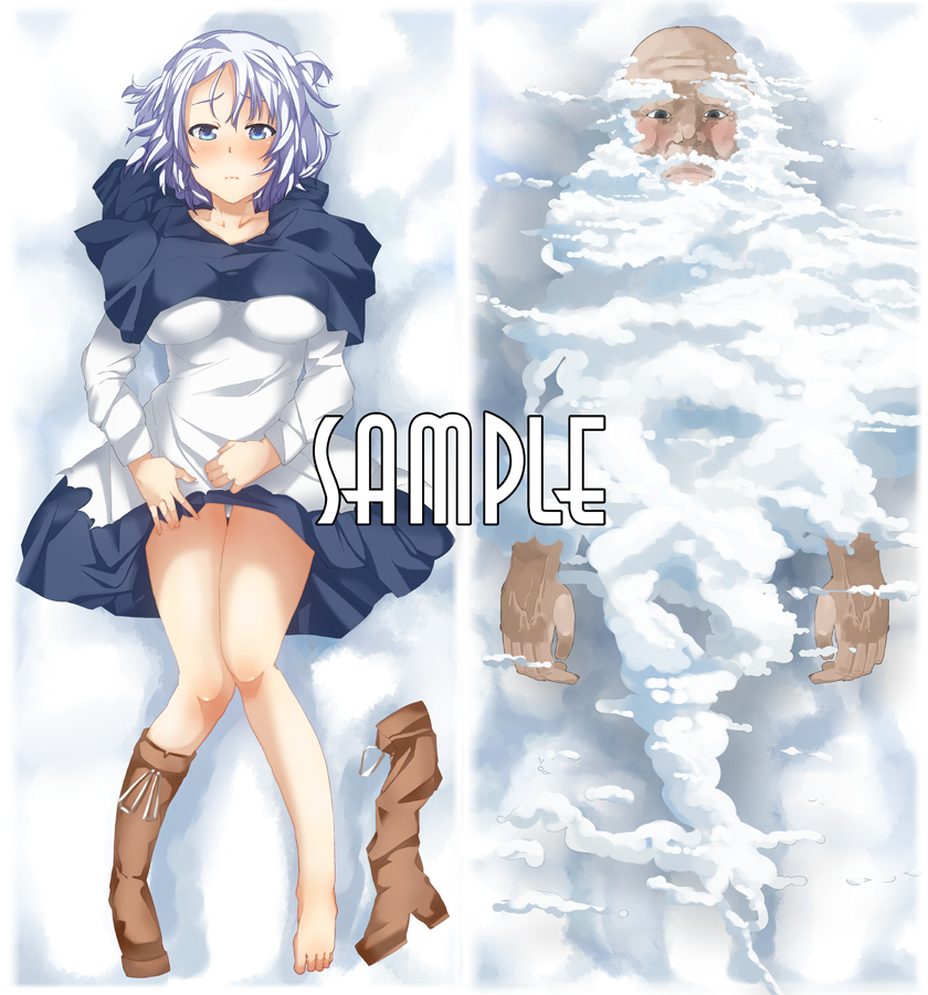 bad_id bad_pixiv_id barefoot blue_eyes blush boots dakimakura hood hood_down kumoi_ichirin lavender_hair ryouma_(galley) sample shoes single_shoe touhou unzan