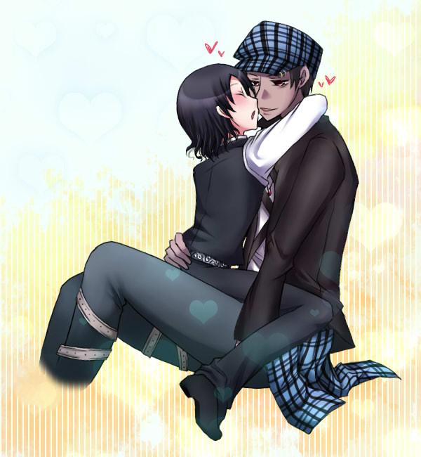 :d age_difference ass ass_grab bad_id bad_pixiv_id belt black_hair blush closed_eyes couple dark_skin dark_skinned_male gopher hat heart hug imminent_kiss jacket jewelry jpeg_artifacts kiss male_focus multiple_boys necklace noah_(soul_eater) open_clothes open_jacket open_mouth pants pendant plaid profile short_hair sitting sitting_on_lap sitting_on_person smile soul_eater straddling striped striped_background vest yaoi yellow_eyes yuzumi_t