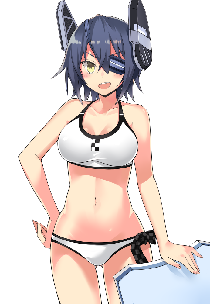 :d bikini eyepatch hand_on_hip headgear kantai_collection kickboard kuhotaka navel open_mouth purple_hair short_hair smile solo swimsuit tenryuu_(kantai_collection) v-shaped_eyebrows white_bikini yellow_eyes