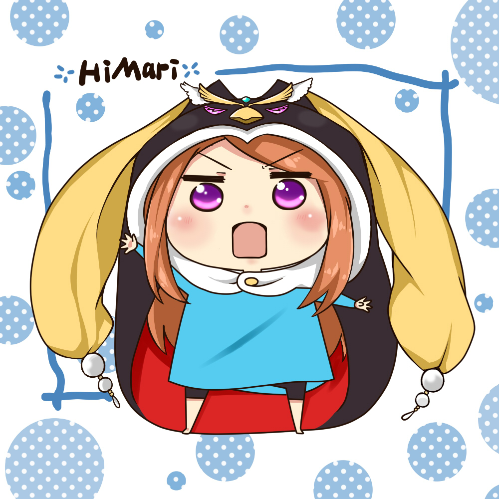 akiyama_(52hotaru) animal_hood barefoot brown_hair character_name chibi crossover himouto!_umaru-chan hood long_hair mawaru_penguindrum open_mouth parody penguin_hood princess_of_the_crystal pun purple_eyes seizon_senryaku solo style_parody takakura_himari