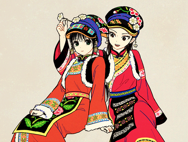 :d arm_at_side bangs black_hair chinese_clothes closed_mouth crossed_legs earrings eyelashes floral_print flower flower_earrings fringe_trim fur_trim green_eyes grey_background hair_flower hair_ornament hair_stick hand_on_own_thigh hat holding jewelry kingdom kyoukai_(kingdom) kyoushou_(kingdom) long_hair long_sleeves looking_at_another looking_at_viewer mabui_(poloon) multiple_girls open_mouth simple_background sitting smile vest