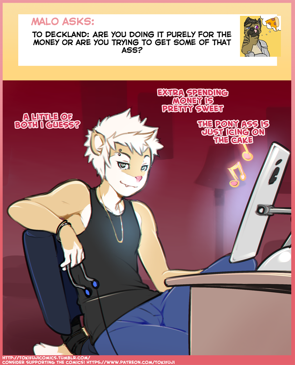 2015 anthro ask_blog chair clothed clothing computer cream_fur deckland_(tokifuji) dialogue eighth_note english_text fur hair jewlery looking_at_viewer male mammal music mustelid parody piercing quarter_note reclining shirt smile solo tank_top text tokifuji tumblr weasel white_hair yellow_eyes