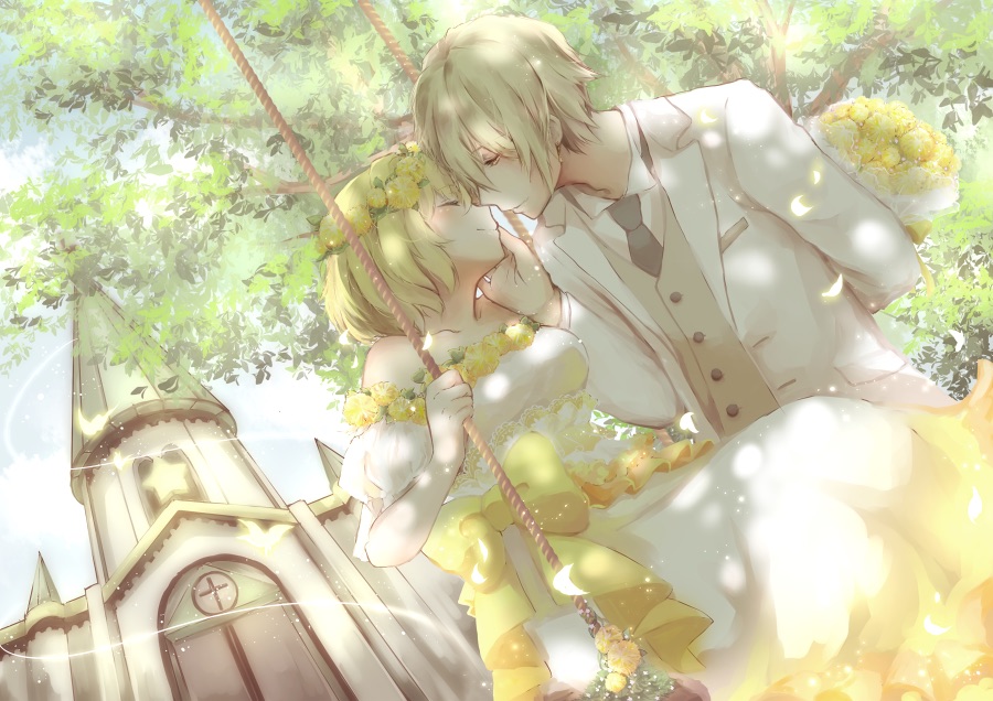 1girl ada_vessalius blonde_hair bouquet breasts bridal_veil bride church closed_eyes dress earrings flower formal hair_ribbon hetero imminent_kiss jewelry kiss medium_breasts pandora_hearts purimo_(xxxmofmof) red_eyes ribbon short_hair smile swing veil vincent_nightray wedding wedding_dress what_if