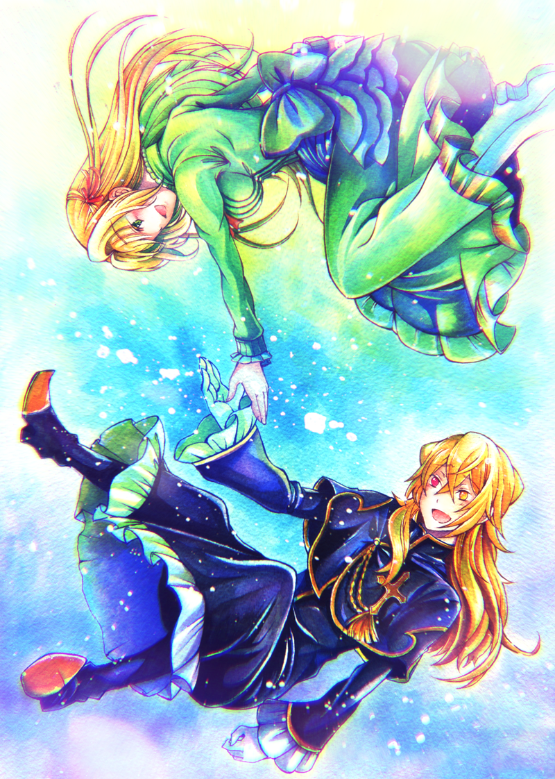 1girl ada_vessalius blonde_hair blush bow capelet dress earrings formal frills gloves green_eyes hair_ribbon haru_sakurazaki jewelry long_hair open_mouth pandora_hearts ribbon short_hair smile vincent_nightray yellow_eyes