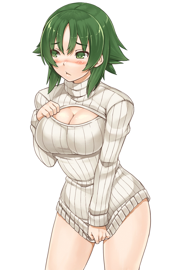 atsuko blush breasts cleavage cleavage_cutout embarrassed green_eyes green_hair large_breasts meme_attire minami-ke mo-fu open-chest_sweater short_hair simple_background solo sweater white_background