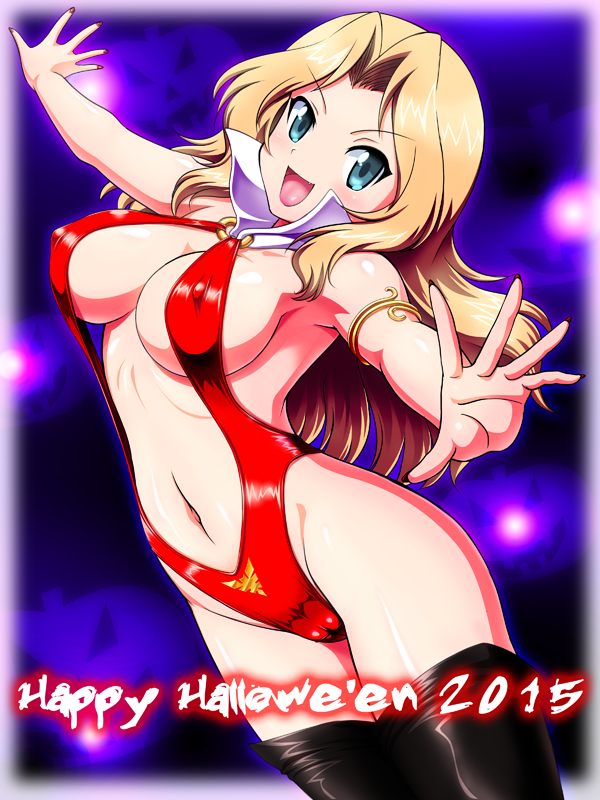 2015 armlet blonde_hair blue_eyes boots breasts cosplay dated fang girls_und_panzer halloween happy_halloween kay_(girls_und_panzer) large_breasts long_hair looking_at_viewer navel outstretched_arms slingshot_swimsuit smile spread_arms standing swimsuit tanuki_yousuke thigh_boots thighhighs vampirella vampirella_(character) vampirella_(character)_(cosplay)