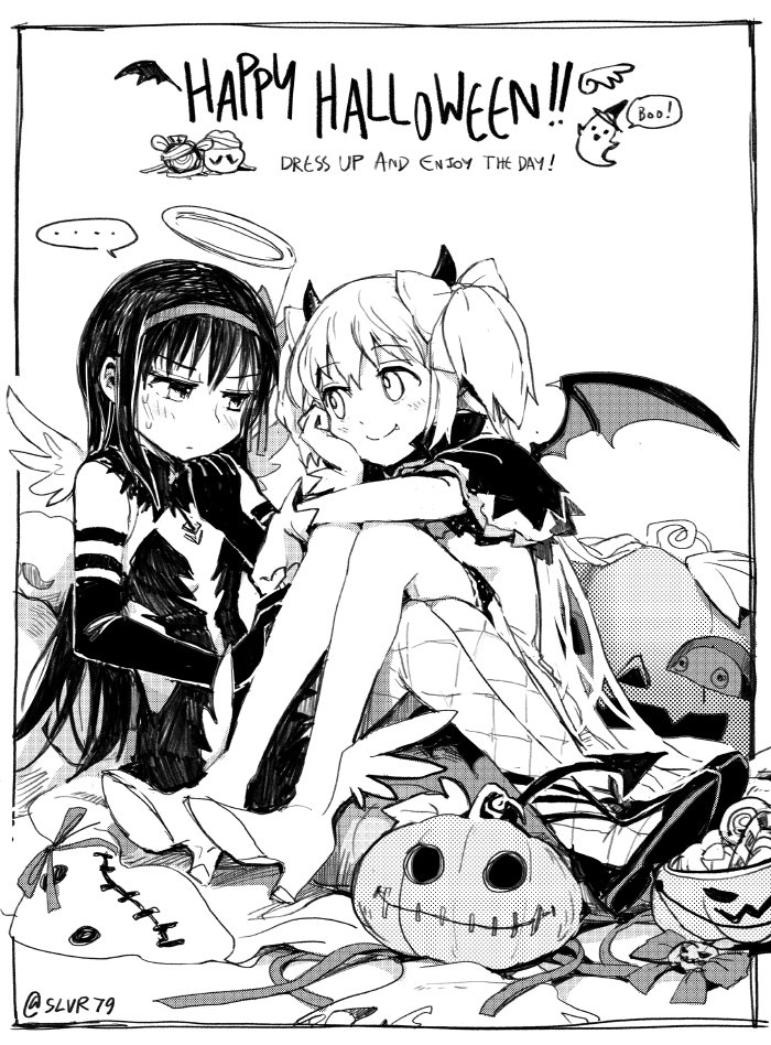 akemi_homura akuma_homura angel_wings anthony_(madoka_magica) argyle argyle_legwear bare_shoulders black_dress black_gloves blush bow candy capelet choker demon_wings dress elbow_gloves english eye_contact fang_out feathered_wings food ghost gloves greyscale hair_bow hair_ribbon halloween halo hand_on_own_cheek high_heels kaname_madoka long_hair looking_at_another magical_girl mahou_shoujo_madoka_magica mahou_shoujo_madoka_magica_movie monochrome multiple_girls pumpkin pyotr_(madoka_magica) ribbon silverxp smile thighhighs two_side_up ultimate_madoka wings yuri