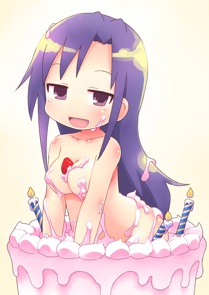 :d birthday_cake cake candle commentary_request food food_on_body fruit gabyo_nuno goshiki_agiri kill_me_baby long_hair nude open_mouth purple_hair smile solo strawberry