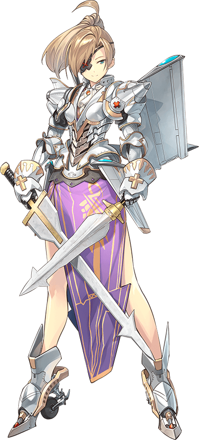 ahoge aqua_eyes armor brown_hair dual_wielding eyepatch f8-u_crusader fighter_girl_chronicle full_body holding looking_at_viewer official_art shimotsuki_eight solo sword transparent_background weapon