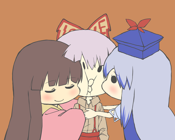 bad_id bad_pixiv_id bow cheek-to-cheek chibi fujiwara_no_mokou girl_sandwich hair_bow hair_ribbon houraisan_kaguya hug kamishirasawa_keine kiss multiple_girls o3o ribbon sandwiched smile touhou yaza