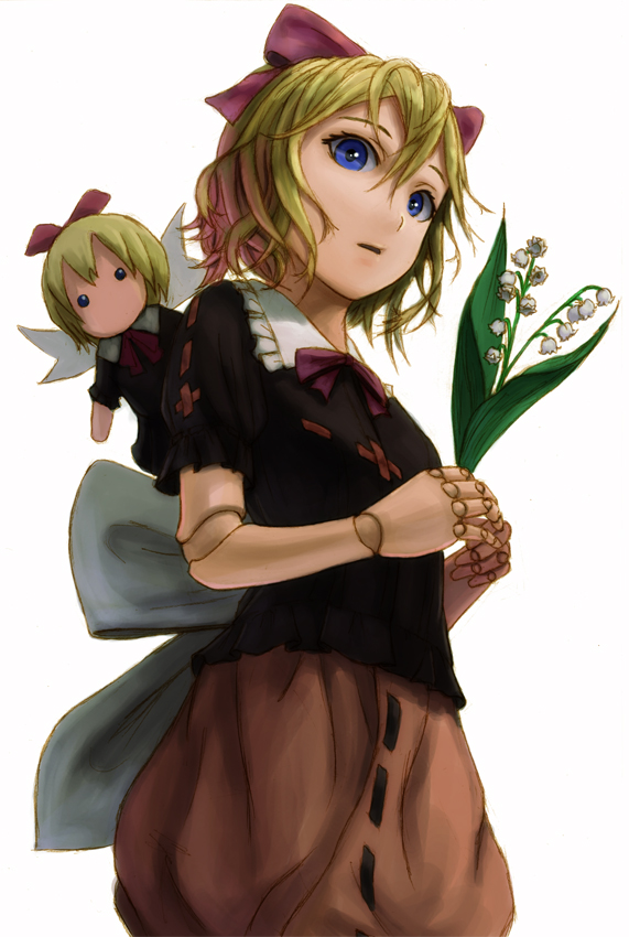 bad_id bad_pixiv_id blonde_hair blue_eyes doll doll_joints face flower kurione_(zassou) lily_of_the_valley medicine_melancholy ribbon short_hair simple_background solo su-san touhou