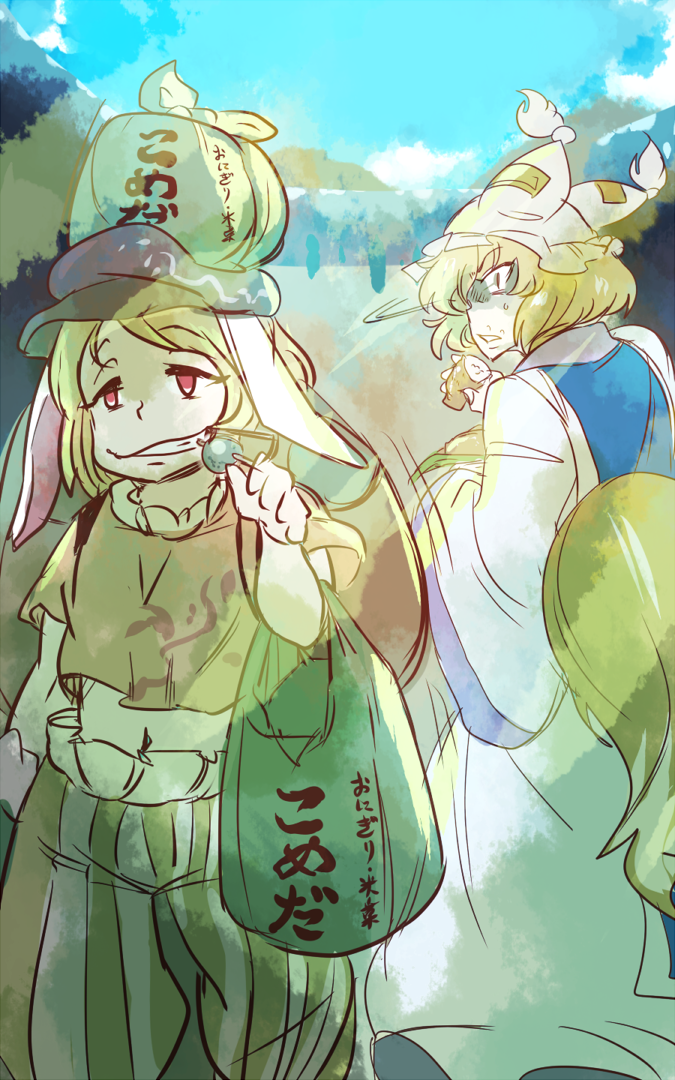 animal_ears bag bag_on_head blonde_hair blue_sky bunny_ears dango day dress eating flat_cap floppy_ears food fox_tail hat long_sleeves multiple_girls navel outdoors pillow_hat red_eyes ringo_(touhou) shirt short_hair short_sleeves shorts skewer sky sweat tail tassel touhou wagashi wide_sleeves yakumo_ran yutarou