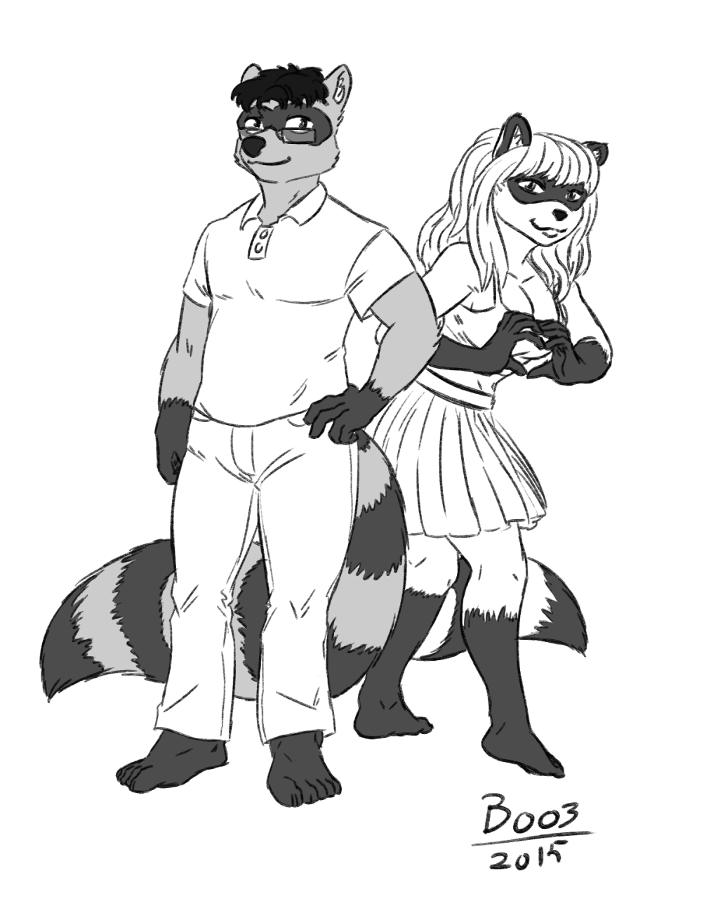 boo3 chubby cleavage clothed clothing eyewear female glasses male mammal miranda pants polo_shirt raccoon randall skirt