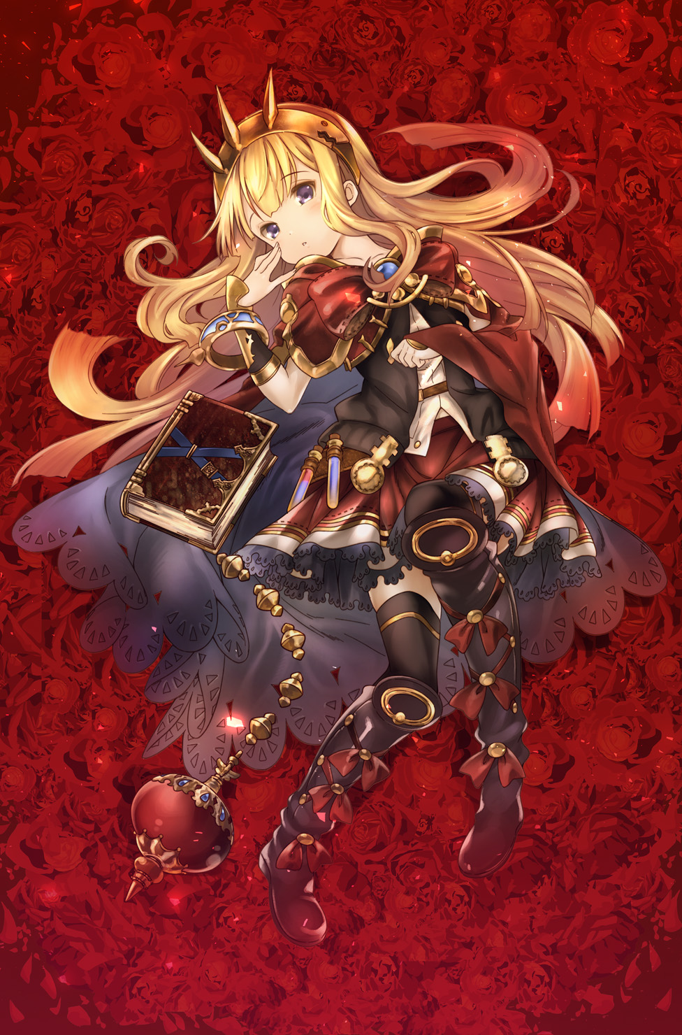 armor bangs belt blonde_hair boots bow bracelet brooch cagliostro_(granblue_fantasy) cape flower full_body granblue_fantasy hairband head_tilt highres jewelry kawakami_shuuichi knee_boots long_hair lying on_back parted_lips purple_eyes red_background red_bow red_cape red_skirt revision ring rose skirt solo spiked_hairband spikes test_tube thighhighs
