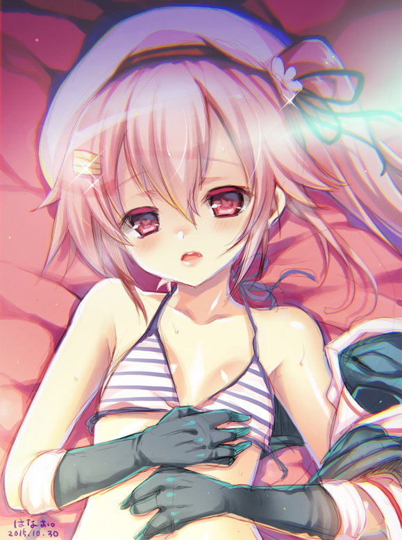 beret bikini black_gloves blush breasts gloves hair_ornament hair_ribbon hanao_(kuma-tan_flash!) harusame_(kantai_collection) hat heart heart-shaped_pupils kantai_collection long_hair looking_at_viewer lying on_back open_mouth pink_hair red_eyes ribbon side_ponytail small_breasts solo striped striped_bikini sweat swimsuit symbol-shaped_pupils