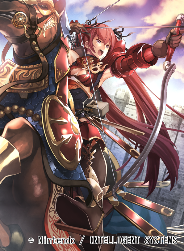 animal armor arrow boots bow_(weapon) breasts castle cleavage_cutout drawing_bow fire_emblem fire_emblem_cipher fire_emblem_if gloves hair_ribbon hip_vent horse horseback_archery horseback_riding long_hair luna_(fire_emblem_if) nagahama_megumi official_art open_mouth rearing red_eyes red_hair ribbon riding serious small_breasts solo teeth twintails very_long_hair weapon