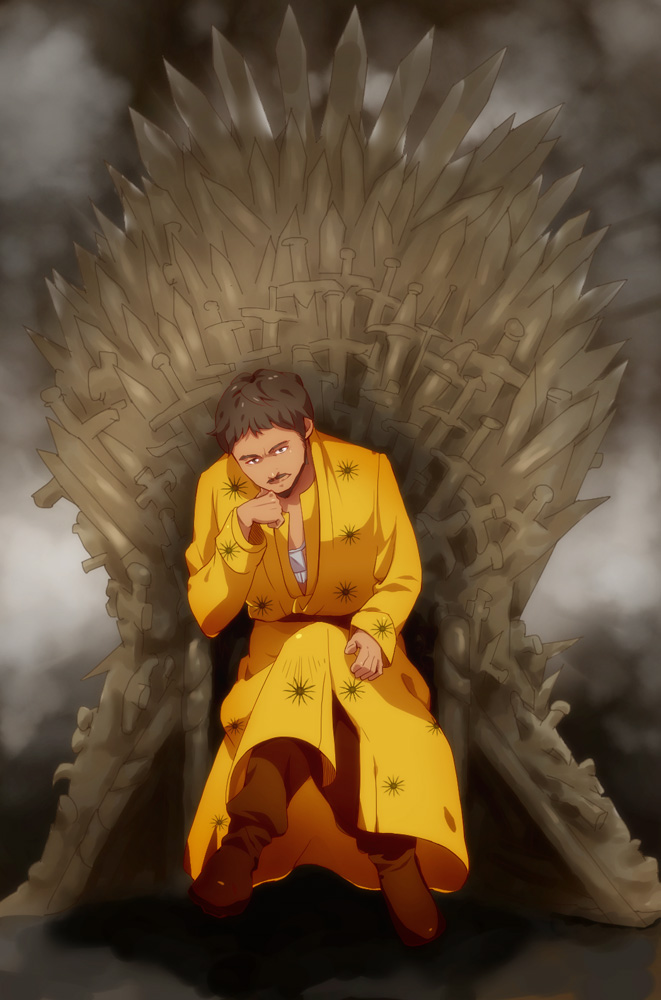 a_song_of_ice_and_fire beard boots brown_hair facial_hair game_of_thrones iron_throne kazahi_tsubame male_focus mustache oberyn_martell sitting solo sword throne weapon