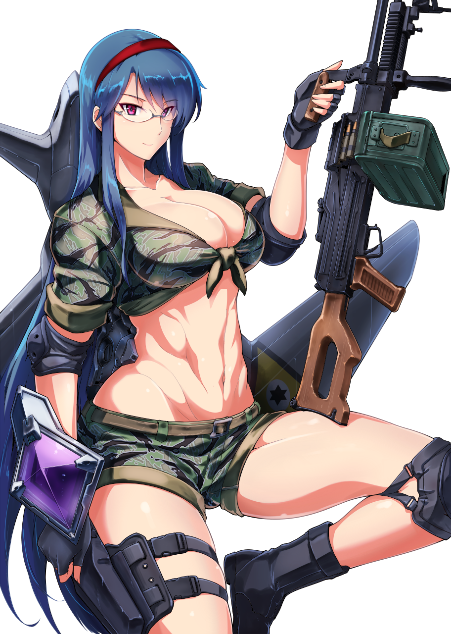 abs ammunition bad_id bad_pixiv_id blue_hair boots breasts camouflage camouflage_shorts cleavage cover cover_page elbow_pads fingerless_gloves front-tie_top gakuen_taisen_valkyries glasses gloves gun harukon_(halcon) headband highres holster knee_pads large_breasts lavender_eyes long_hair machine_gun mecha_musume midriff military navel pkm sabra_greengold shirt short_shorts shorts skindentation sleeves_rolled_up solo tied_shirt tigerstripe_(camo) vertical_foregrip very_long_hair weapon white_background