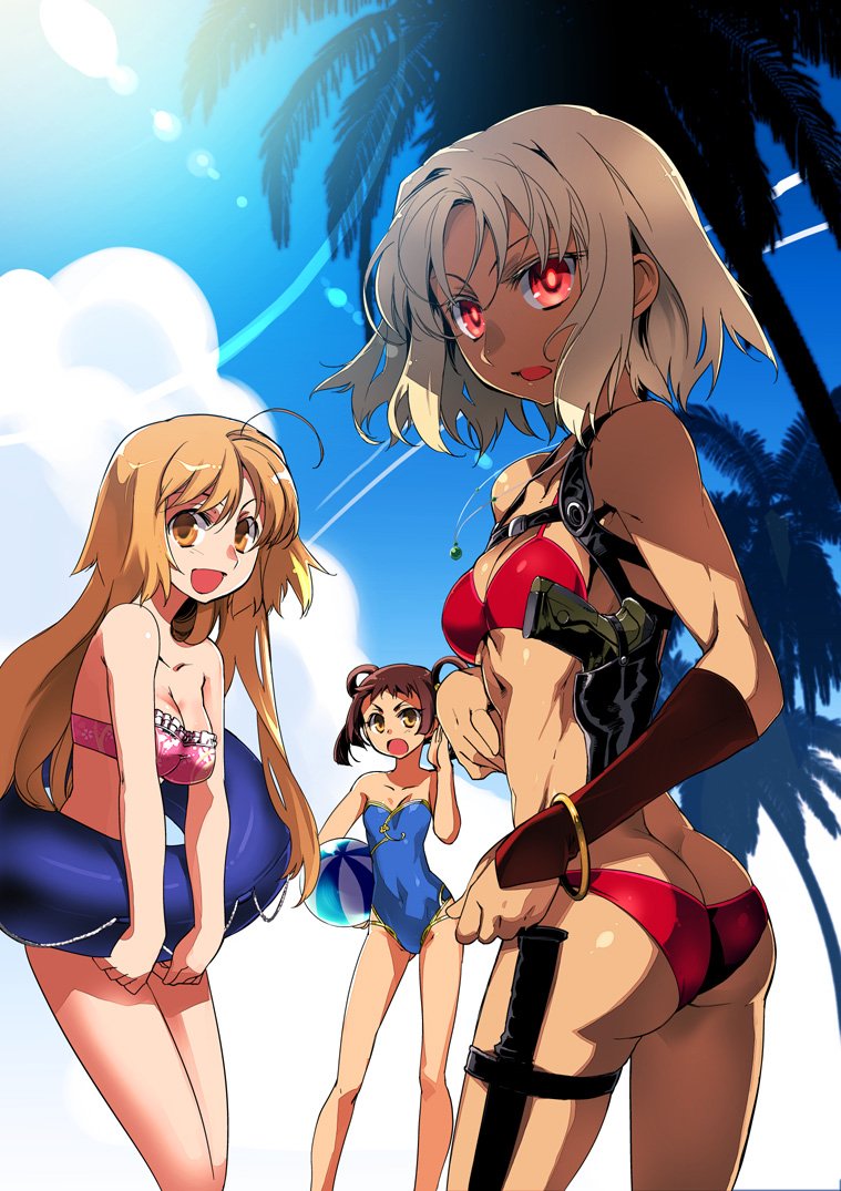 428 :d ahoge ass ball bandeau bare_legs bare_shoulders beach beachball beretta_px4 bikini blue_sky blue_swimsuit bracelet breasts brown_eyes brown_hair butt_crack canaan canaan_(character) casual_one-piece_swimsuit cleavage cloud combat_knife condensation_trail dark_skin day detached_sleeves gun handgun holster innertube ishida_akira jewelry jpeg_artifacts knife large_breasts long_hair looking_at_viewer looking_back multiple_girls muscle official_art one-piece_swimsuit oosawa_maria open_mouth outdoors palm_tree pendant pink_bikini pistol red_bikini red_eyes scan short_hair shoulder_holster silver_hair sky smile string_bikini sunlight swimsuit textless thigh_strap tree weapon yunyun