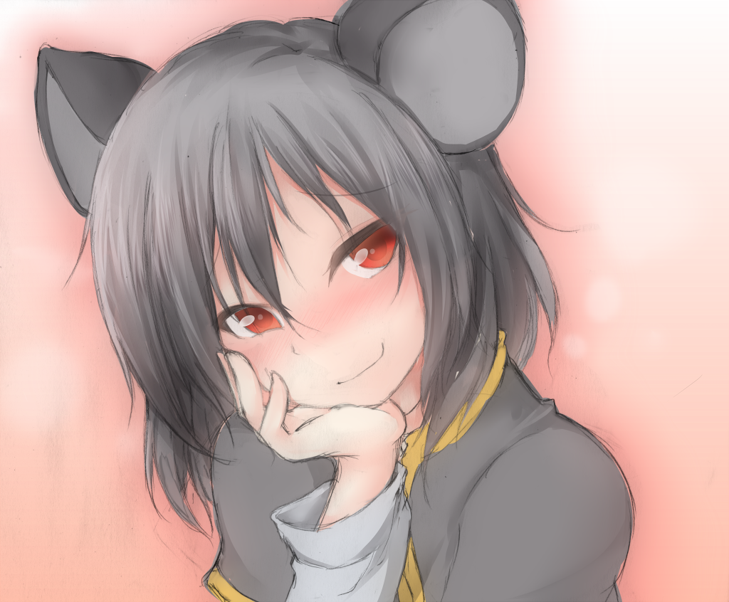 animal_ears blush ebi_senbei grey_hair head_rest looking_at_viewer lovestruck mouse_ears nazrin red_eyes smile solo touhou