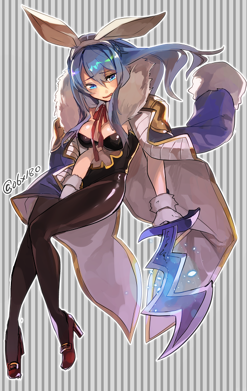 animal_ears blue_eyes blue_hair breasts bunny_ears bunnysuit cleavage dagger gloves granblue_fantasy hyakuhachi_(over3) jacket_on_shoulders medium_breasts pantyhose solo therese_(granblue_fantasy) weapon