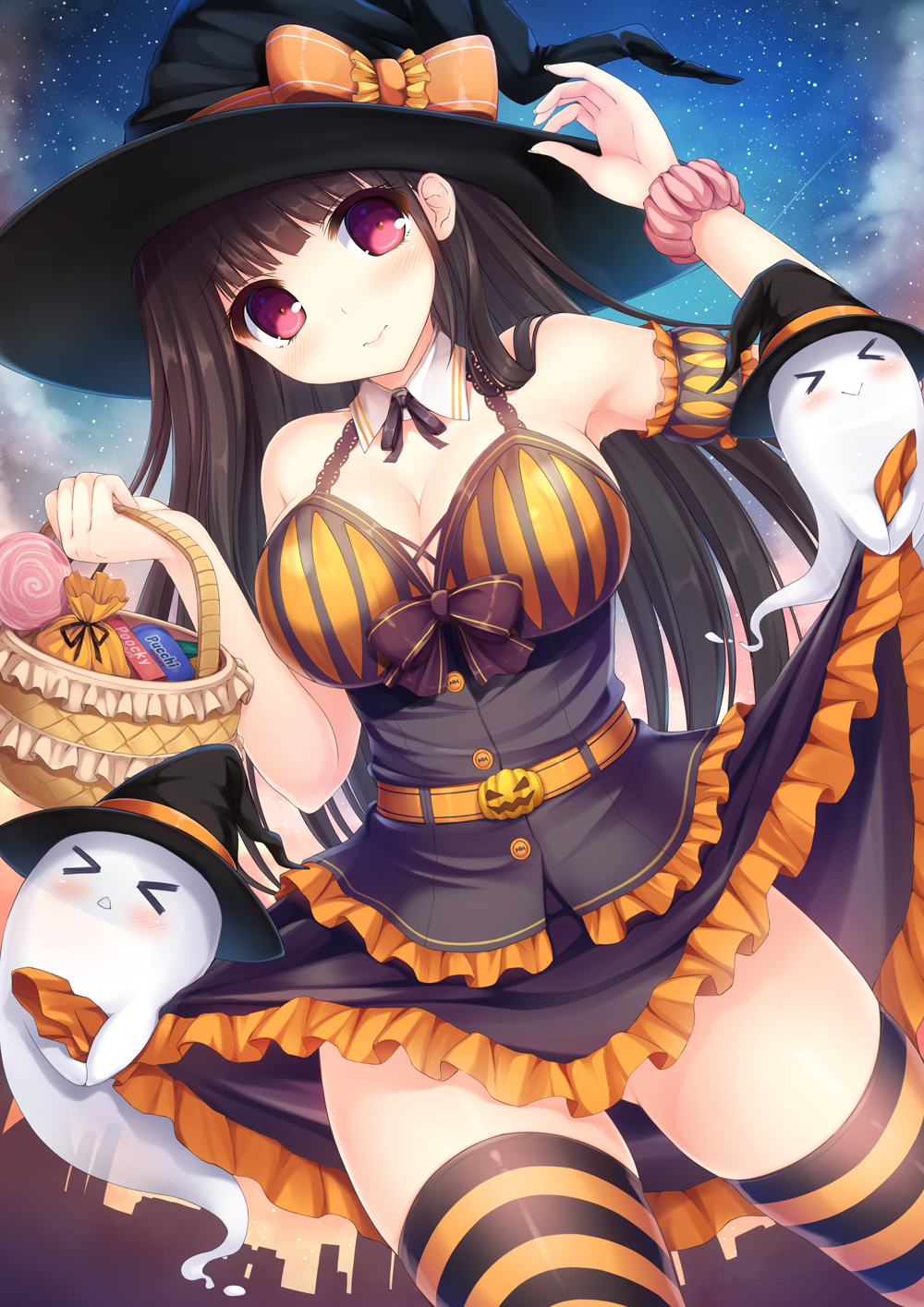 ass_visible_through_thighs bag basket belt black_hair blush bow breasts buttons candy cleavage corset cowboy_shot detached_collar food frilled_skirt frills halloween hand_on_headwear hat hat_bow highres large_breasts lollipop long_hair looking_at_viewer night night_sky original pumpkin red_eyes skirt sky smile solo star_(sky) starry_sky striped striped_legwear taiki_ken thighhighs twilight witch_hat