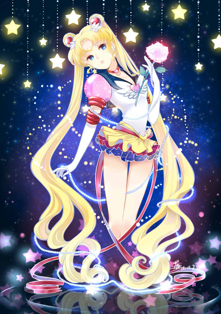 absurdly_long_hair beads bishoujo_senshi_sailor_moon blonde_hair blue_eyes blue_sailor_collar choker crescent dated double_bun earrings elbow_gloves eternal_sailor_moon facial_mark flower forehead_mark gloves hair_ornament holding holding_flower jewelry layered_skirt long_hair microskirt pleated_skirt red_choker reflection revision ribbon rose sailor_collar sailor_moon sailor_senshi_uniform sakura12140814 signature skirt solo star star_earrings tsukino_usagi twintails very_long_hair white_gloves