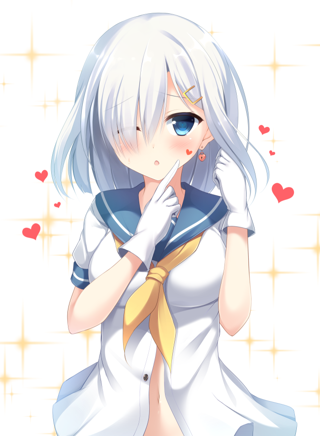 blue_eyes blush buttons chestnut_mouth earrings eyes_visible_through_hair gloves hair_ornament hair_over_one_eye hair_tucking hairclip hamakaze_(kantai_collection) heart heart-shaped_pupils impossible_clothes impossible_shirt index_finger_raised jewelry kantai_collection navel one_eye_closed open_clothes open_shirt pointing ribbon sailor_collar school_uniform serafuku shirt short_hair short_sleeves solo sparkle symbol-shaped_pupils tomoo_(tomo) unbuttoned upper_body white_background white_gloves white_hair yellow_ribbon