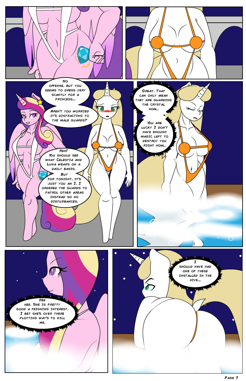 &lt;3 anthro anthrofied bikini blush breasts cleavage clothed clothing comic cutie_mark dekomaru dialogue duo english_text equine female friendship_is_magic fur green_eyes hair horn hot_tub mammal multicolored_hair my_little_pony navel pink_fur princess_cadance_(mlp) purple_eyes queen_chrysalis_(mlp) sling_bikini star swimsuit text thehotroom unicorn white_fur winged_unicorn wings