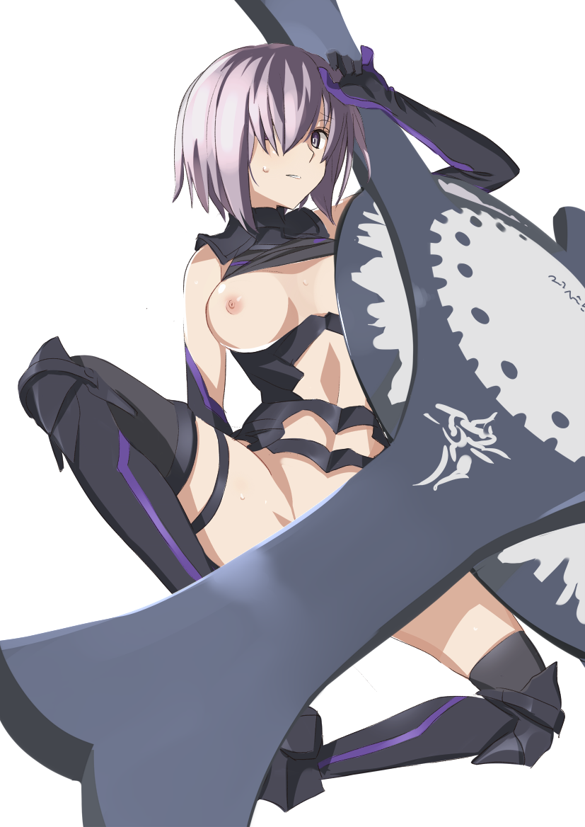 armor bare_shoulders breasts elbow_gloves fate/grand_order fate_(series) gloves hair_over_one_eye mash_kyrielight medium_breasts navel ningen_(ningen96) nipples purple_eyes shield short_hair solo spread_legs thighhighs