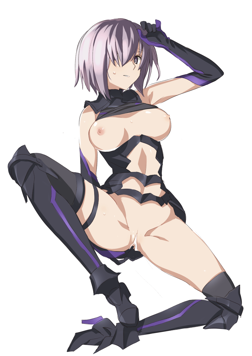 armor bare_shoulders breasts censored elbow_gloves fate/grand_order fate_(series) gloves hair_over_one_eye mash_kyrielight medium_breasts navel ningen_(ningen96) nipples purple_eyes pussy short_hair solo spread_legs thighhighs
