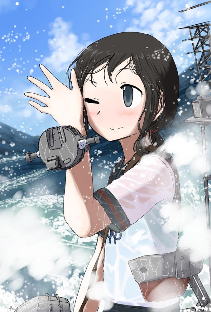 black_hair cloud cloudy_sky day fubuki_(kantai_collection) imai_tetsuya kantai_collection machinery ocean one_eye_closed ponytail remodel_(kantai_collection) rigging school_uniform serafuku sidelocks sky solo type_94_anti-aircraft_fire_detector wet wet_clothes