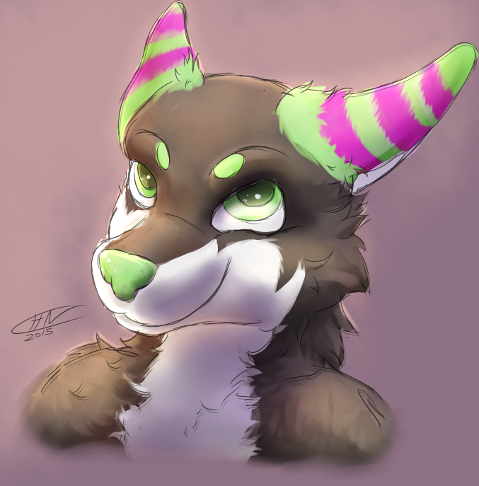 2015 anthro black_fur bust_portrait canine colorfulhoovednights fur green_eyes green_fur green_nose headshot mammal nude paxie pink_fur signature simple_background smile solo twotone_fur wolf