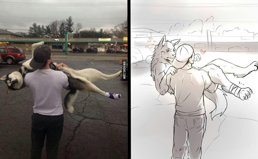 &lt;3 anthro bandage black_fur blush canine car clothed clothing cloud digital_media_(artwork) dog duo feral frown fur hat human humor husky jeans mammal multicolored_fur multiple_images nude outside parking_lot photo real shirt standing tree two_tone_fur vehicle white_fur