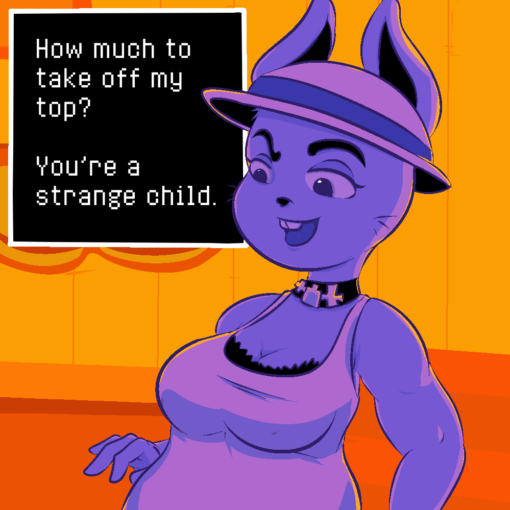 anthro breasts buckteeth choker cleavage clothed clothing davidsanchan dialogue english_text female hat lagomorph mammal rabbit rabbit_shopkeeper_(undertale) raised_eyebrow smile solo suggestive teeth text undertale video_games