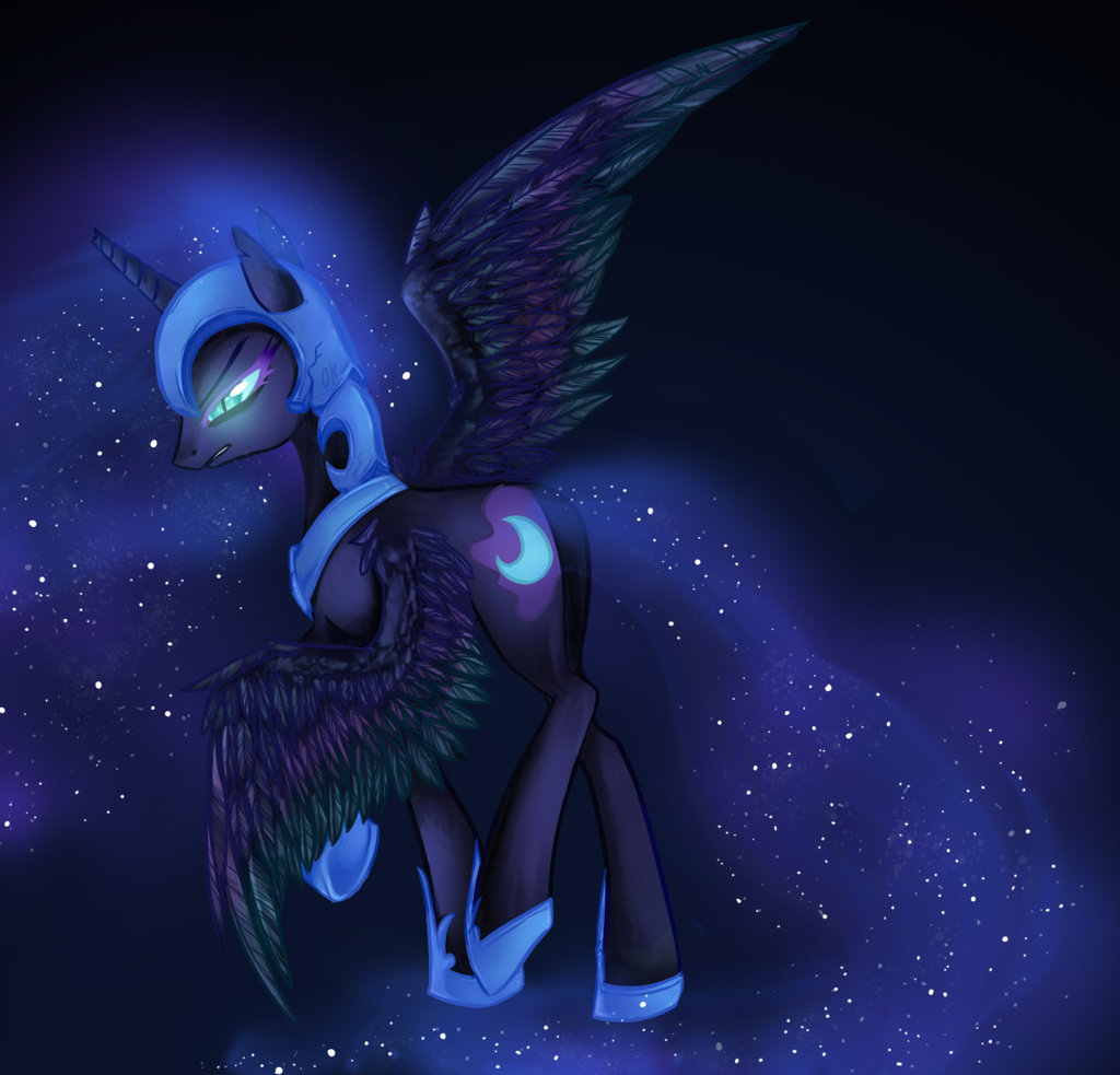 angry armor better_version_at_source bioluminescence black_fur blue_eyes cool_colors cracked_armor equine feathers female friendship_is_magic fur glowing glowing_eyes horn mammal my_little_pony nightmare_moon_(mlp) princess_luna_(mlp) solo star tamponandtwilaloop winged_unicorn wings