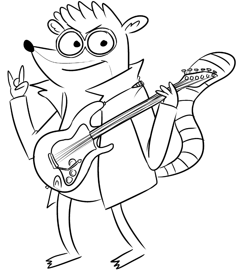 anthro cartoon_network clothed clothing devil_horns fur guitar line_art looking_at_viewer male mammal monochrome musical_instrument raccoon regular_show rigby rigby_(regular_show) sheriff_(artist) simple_background solo standing white_background