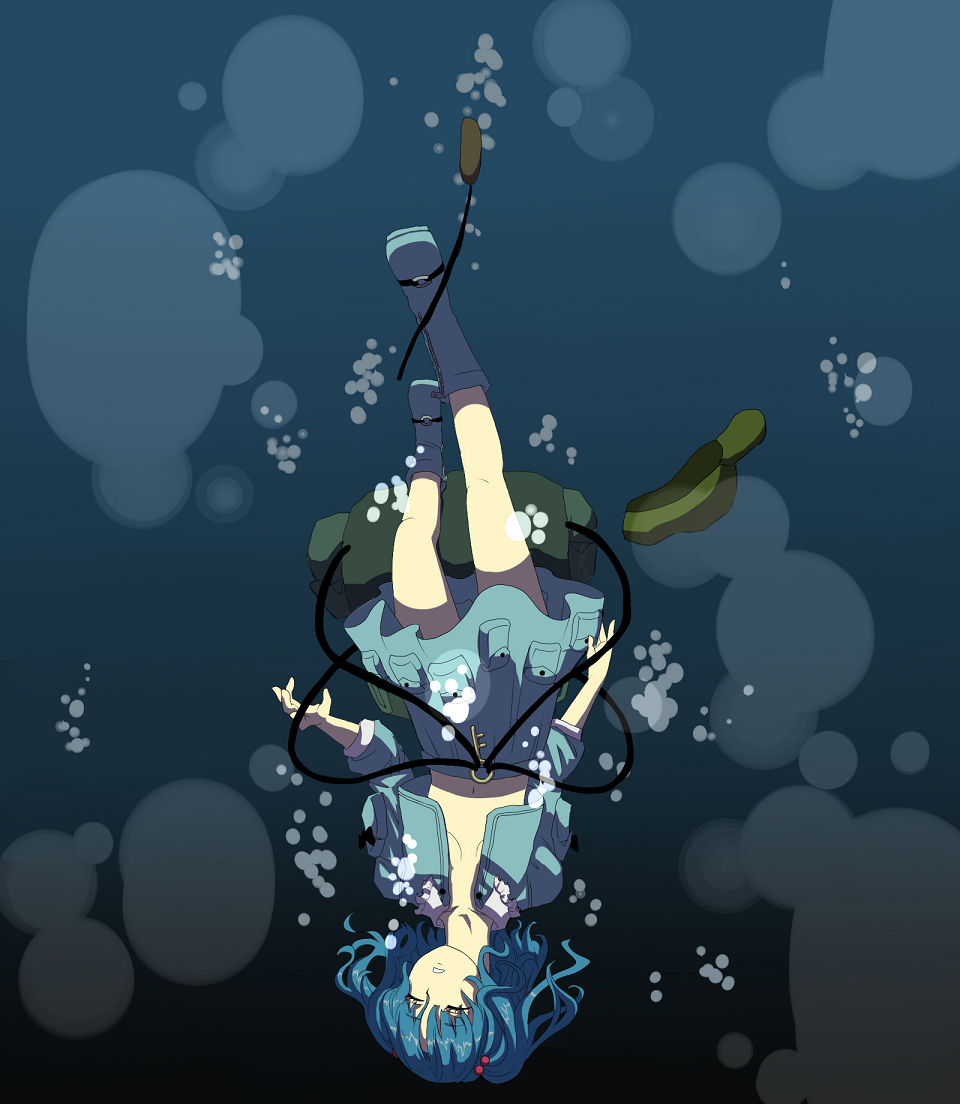 backpack bad_id bad_pixiv_id bag blue_hair hair_bobbles hair_ornament hat kawashiro_nitori key maki_(huran) no_bra open_clothes open_shirt shirt short_hair solo touhou twintails two_side_up underwater wet wet_clothes