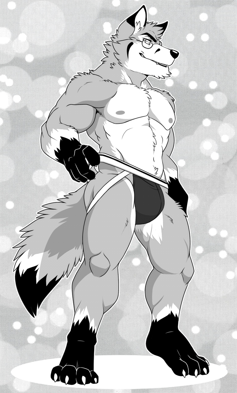 abs aluminemsiren biceps big_muscles bulge canine chest_tuft clothing eyewear fox fur glasses greyscale jockstrap male mammal monochrome muscular nipples pecs standing tuft underwear underwear_pull y-foxy