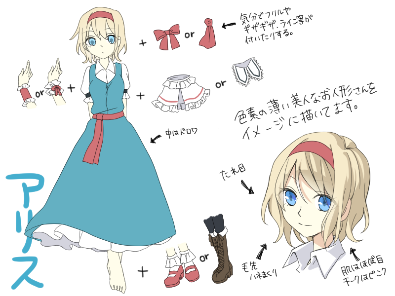 alice_margatroid barefoot blonde_hair blue_dress blue_eyes bobby_socks capelet character_sheet cross-laced_footwear dress hairband mary_janes ribbon sash shoes short_hair smile socks text_focus touhou translation_request tsuno_no_hito white_background wrist_cuffs