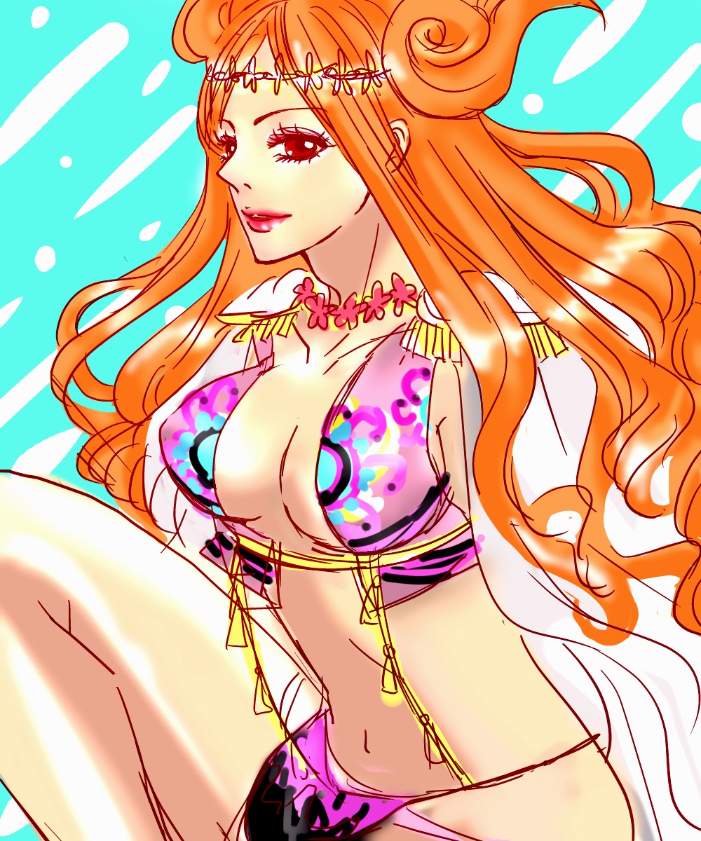 boa_marigold breasts cape center_opening cleavage highres long_hair medium_breasts miu_(naturemademiu) one_piece orange_hair red_eyes solo