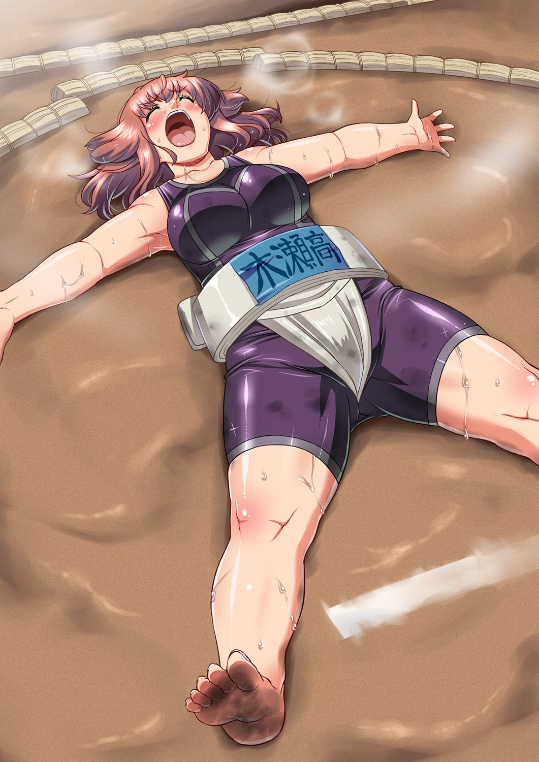 akashi_marumi barefoot blush breasts breath brown_hair closed_eyes dirty_feet exhausted feet full_body highres large_breasts lying mawashi on_back open_mouth rikijo short_hair singlet solo sumo sweat toes utamaro