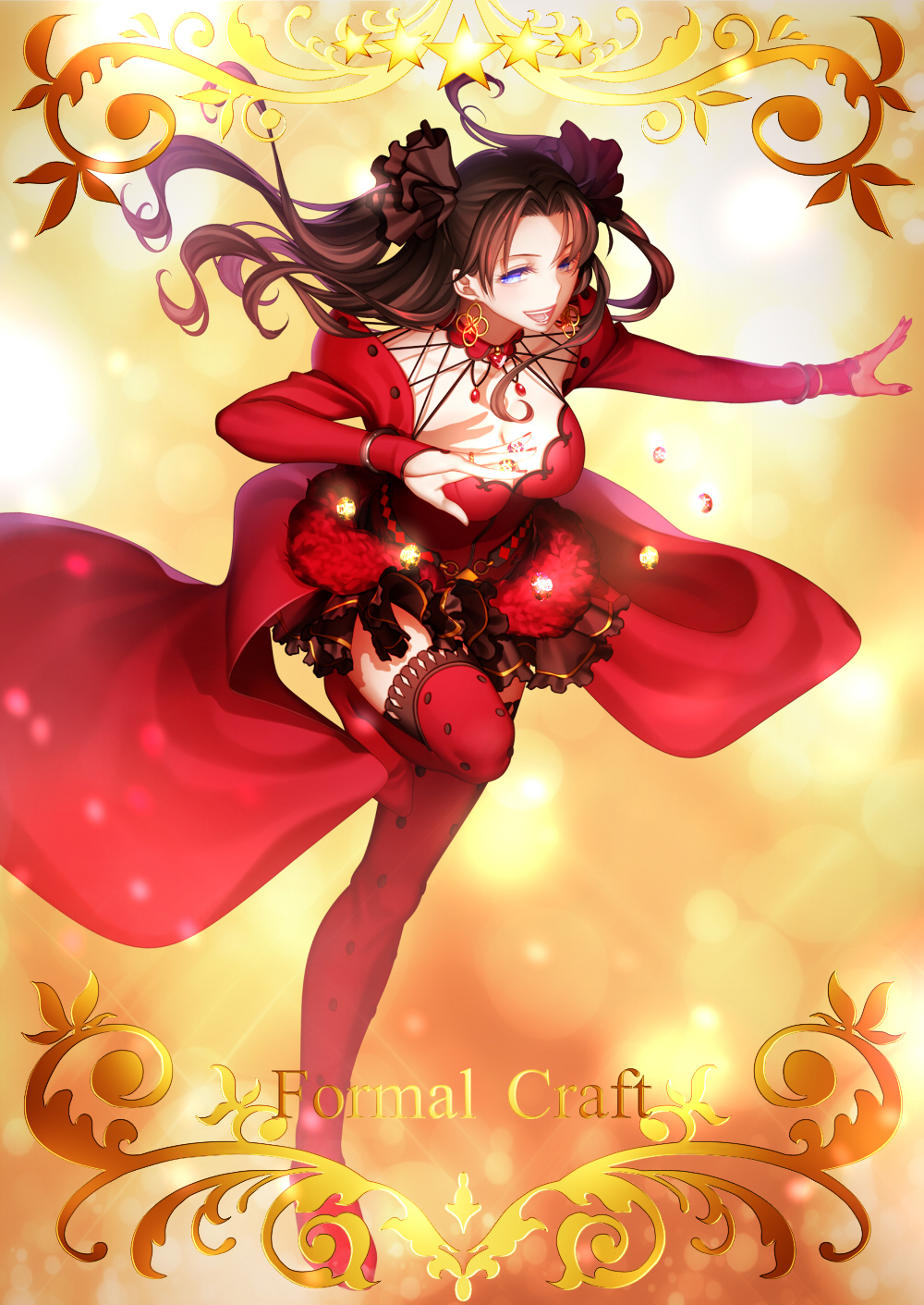 :d arkray bangs black_hair blue_eyes border bracelet brown_hair card_(medium) card_parody craft_essence dress earrings eyelashes fate/grand_order fate/stay_night fate_(series) floating formalcraft frills gem hair_ornament hair_ribbon highres jewelry levitation long_hair long_sleeves looking_at_viewer open_mouth parted_bangs polka_dot polka_dot_legwear red_dress red_legwear ribbon ring shade smile solo standing standing_on_one_leg star teeth text_focus thighhighs toosaka_rin two_side_up zettai_ryouiki