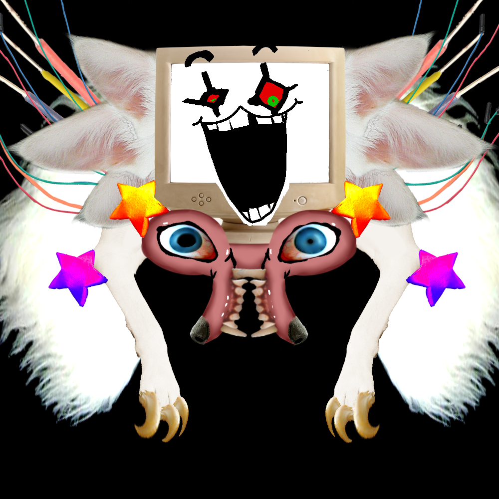 ambiguous_gender black_background bloodshot_eyes blue_eyes claws computer fur green_eyes kita-ichiban multiple_ears multiple_eyes open_mouth red_sclera sharp_teeth simple_background solo star teeth temmie temmie_(undertale) undertale video_games white_fur