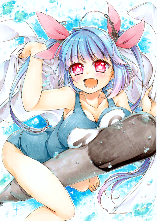 blue_hair breast_press breasts hair_ornament hair_ribbon ho-cki i-19_(kantai_collection) kantai_collection large_breasts long_hair name_tag one-piece_swimsuit open_mouth red_eyes ribbon school_swimsuit shirt smile solo star star-shaped_pupils swimsuit symbol-shaped_pupils torpedo tri_tails twintails